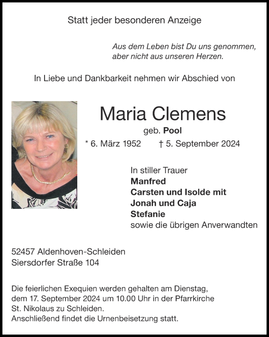 Traueranzeige von Maria Clemens von Zeitung am Sonntag