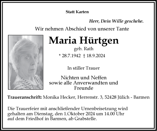 Traueranzeige von Maria Hürtgen von Zeitung am Sonntag