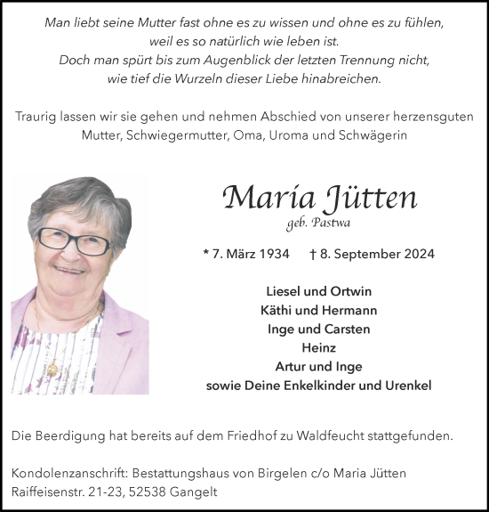 Traueranzeige von Maria Jütten von Zeitung am Sonntag