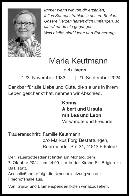 Traueranzeige von Maria Keutmann von Zeitung am Sonntag