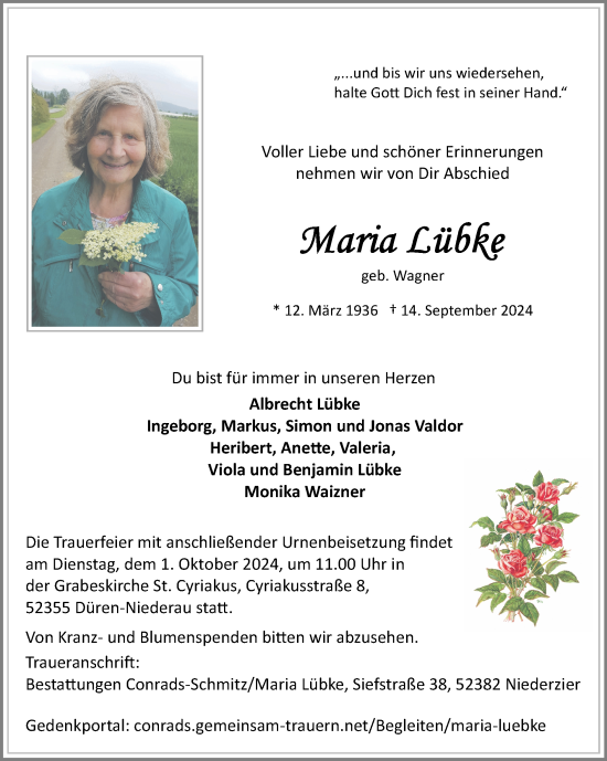 Traueranzeige von Maria Lübke von Zeitung am Sonntag