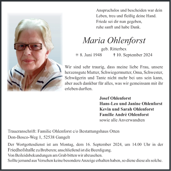 Traueranzeige von Maria Ohlenforst von Zeitung am Sonntag