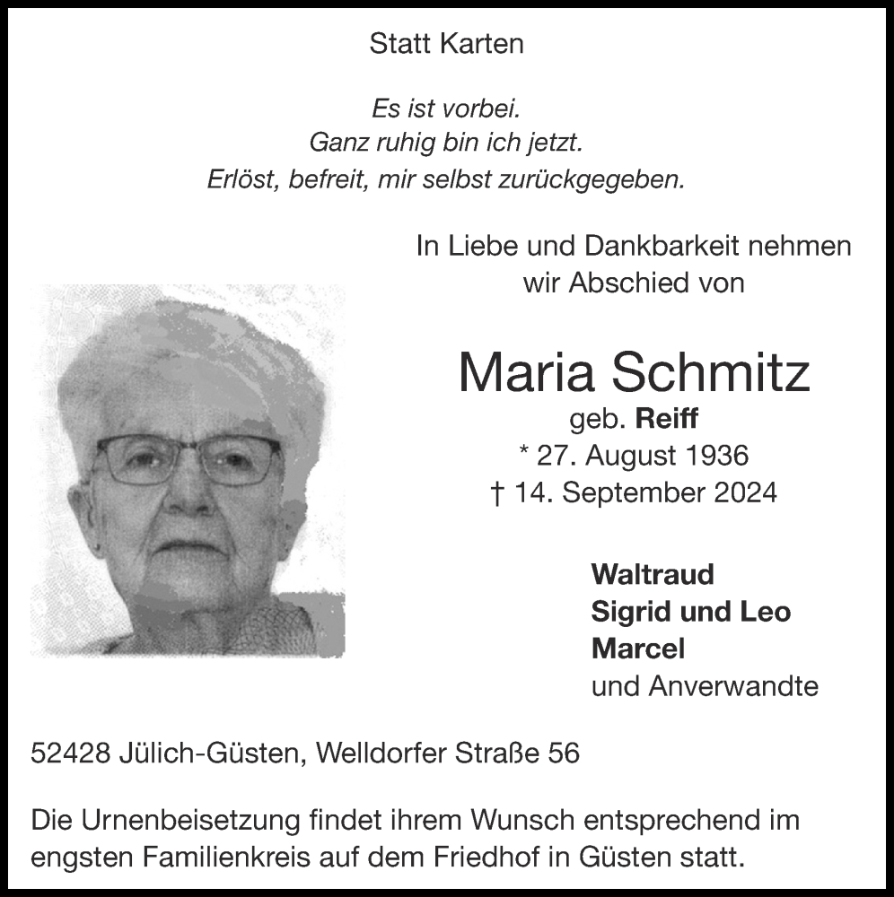  Traueranzeige für Maria Schmitz vom 22.09.2024 aus Zeitung am Sonntag