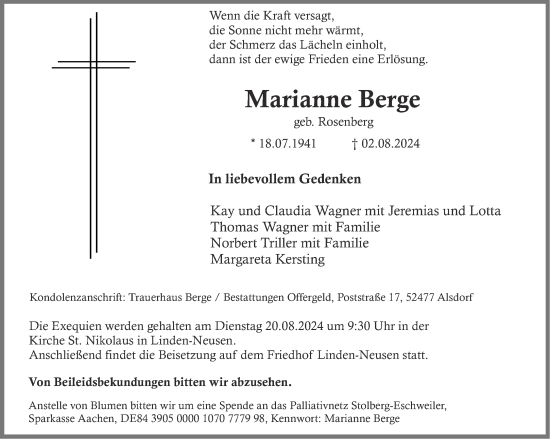 Traueranzeige von Marianne Berge von Aachener Zeitung