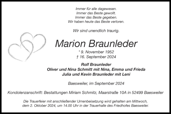 Traueranzeige von Marion Braunleder von Zeitung am Sonntag