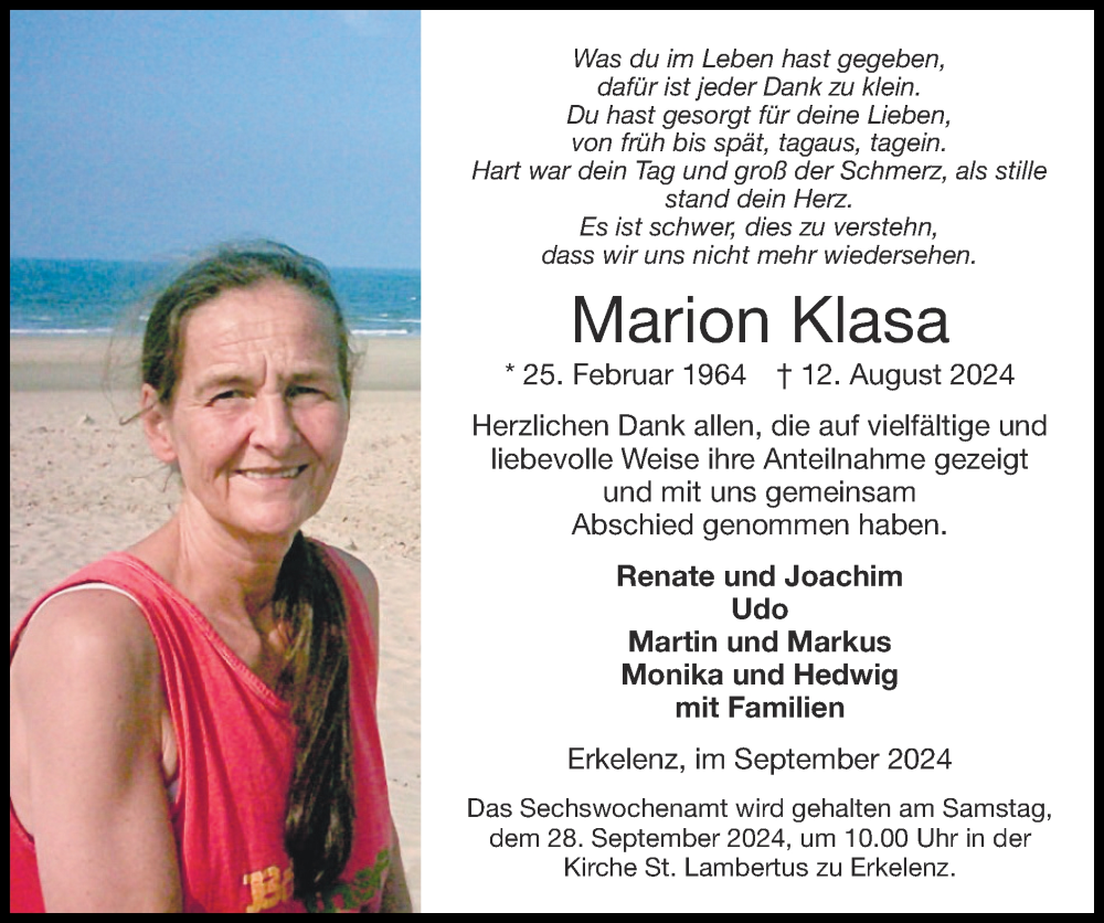  Traueranzeige für Marion Klasa vom 22.09.2024 aus Zeitung am Sonntag