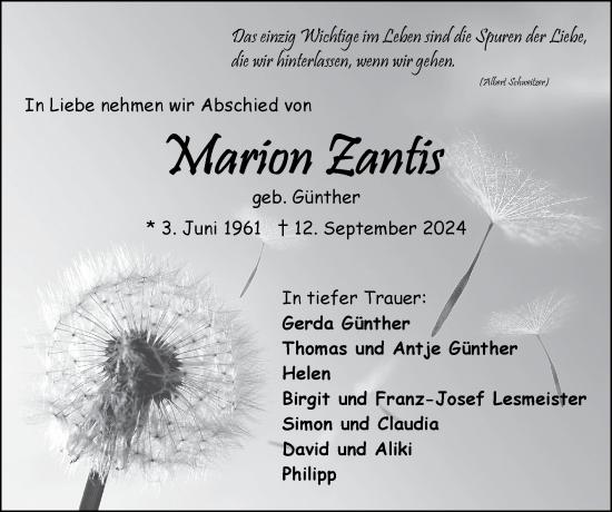 Traueranzeige von Marion Zantis von Zeitung am Sonntag