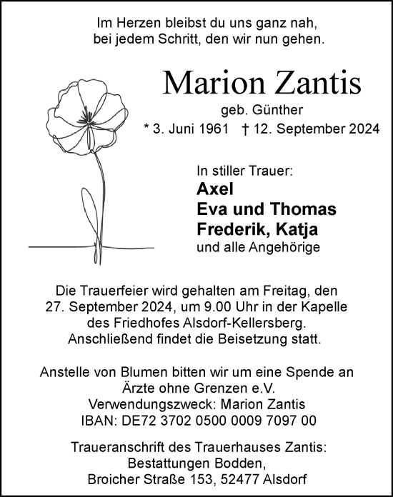 Traueranzeige von Marion Zantis von Zeitung am Sonntag