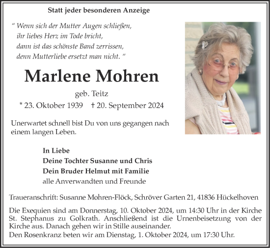 Traueranzeige von Marlene Mohren von Zeitung am Sonntag