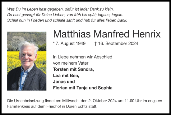 Traueranzeige von Matthias Manfred Henrix von Zeitung am Sonntag