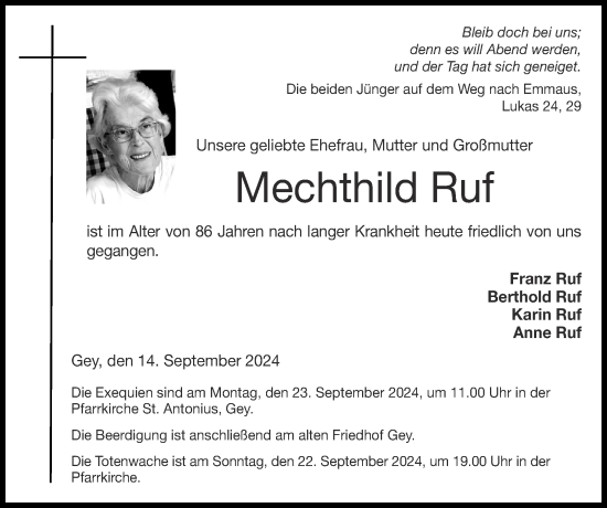 Traueranzeige von Mechthild Ruf von Zeitung am Sonntag