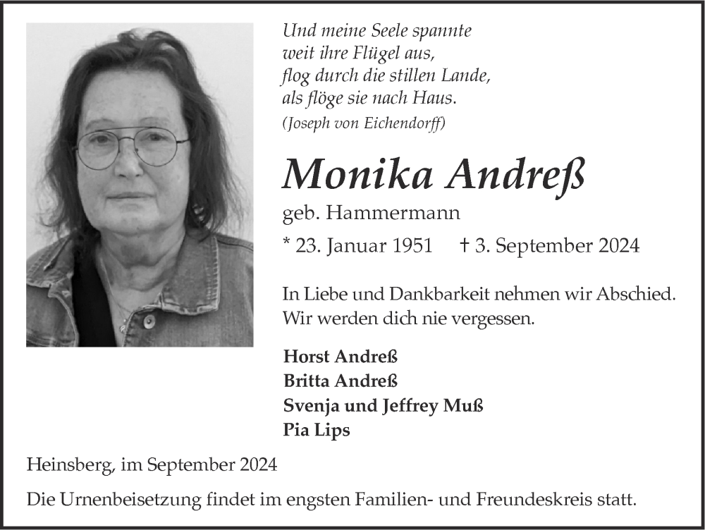  Traueranzeige für Monika Andreß vom 15.09.2024 aus Zeitung am Sonntag