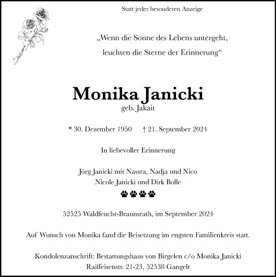 Traueranzeige von Monika Janicki von Zeitung am Sonntag