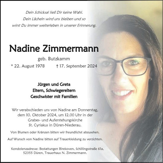 Traueranzeige von Nadine Zimmermann von Zeitung am Sonntag