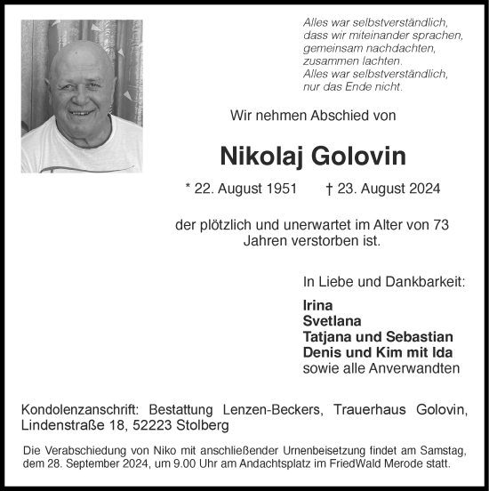 Traueranzeige von Nikolaj Golovin von Zeitung am Sonntag