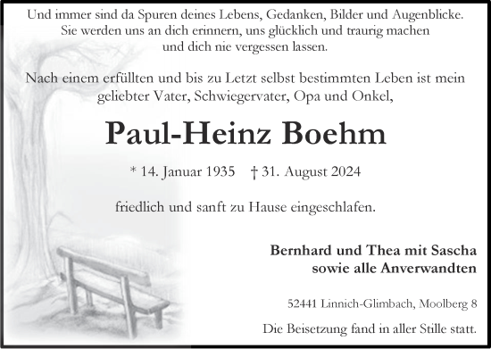 Traueranzeige von Paul-Heinz Boehm von Zeitung am Sonntag