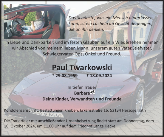 Traueranzeige von Paul Twarkowski von Zeitung am Sonntag