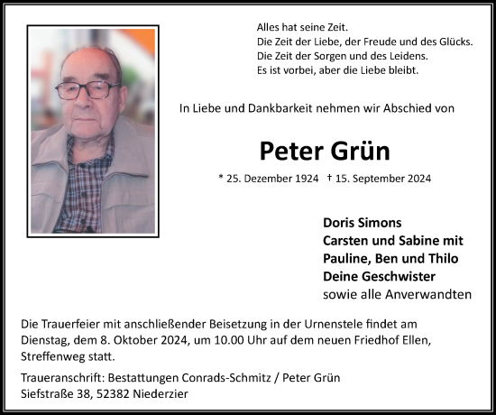 Traueranzeige von Peter Grün von Zeitung am Sonntag
