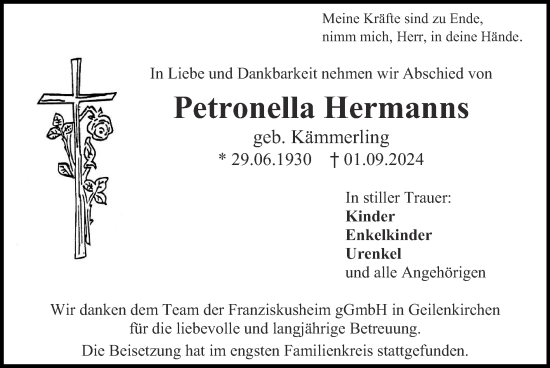 Traueranzeige von Petronella Hermanns von Zeitung am Sonntag