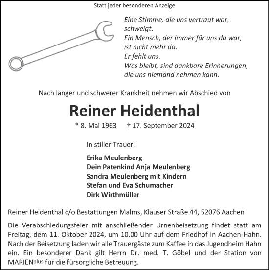 Traueranzeige von Reiner Heidenthal von Zeitung am Sonntag