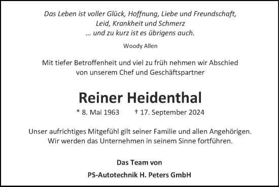 Traueranzeige von Reiner Heidenthal von Zeitung am Sonntag