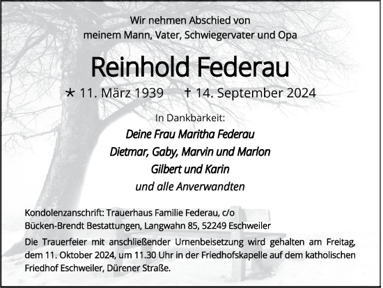 Traueranzeige von Reinhold Federau von Zeitung am Sonntag