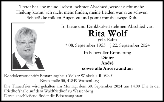 Traueranzeige von Rita Wolf von Zeitung am Sonntag