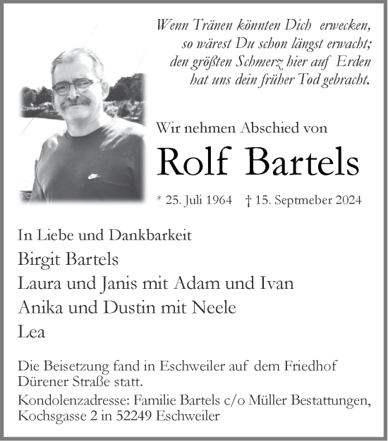 Traueranzeige von Rolf Bartels von Zeitung am Sonntag