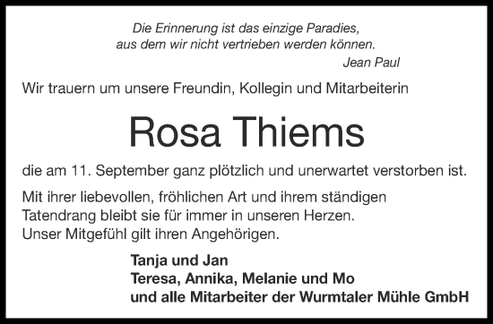 Traueranzeige von Rosa Thiems von Aachener Zeitung
