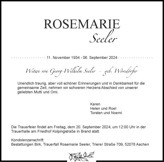 Traueranzeige von Rosemarie Seeler von Aachener Zeitung