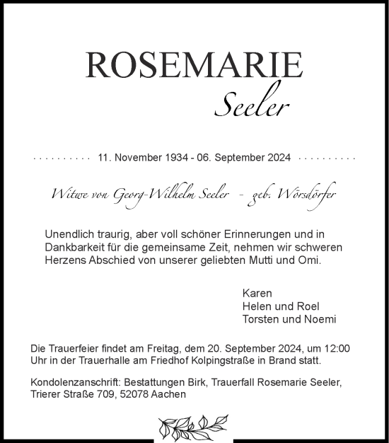 Traueranzeige von Rosemarie Seeler von Zeitung am Sonntag