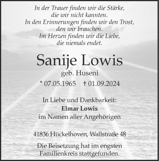 Traueranzeige von Sanije Lowis von Zeitung am Sonntag