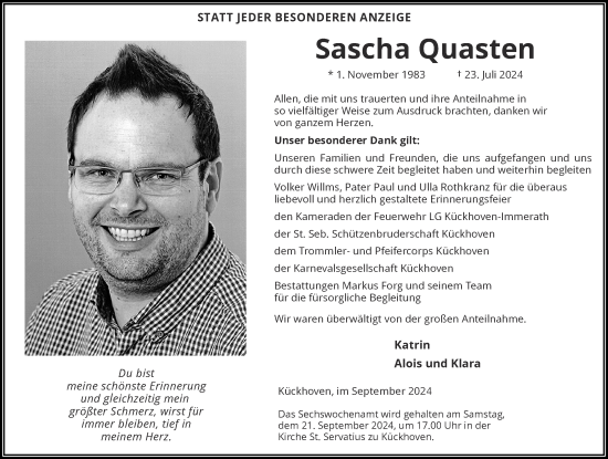 Traueranzeige von Sascha Quasten von Zeitung am Sonntag
