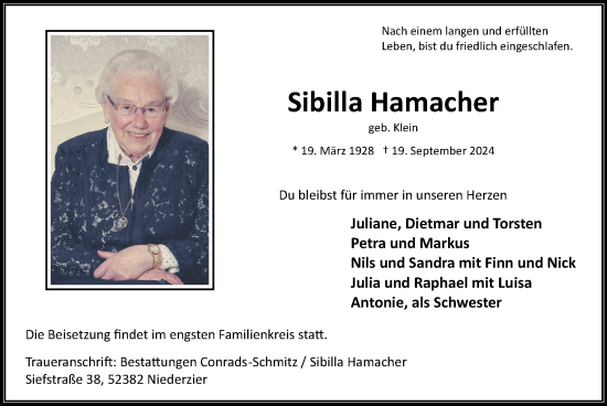 Traueranzeige von Sibilla Hamacher von Zeitung am Sonntag