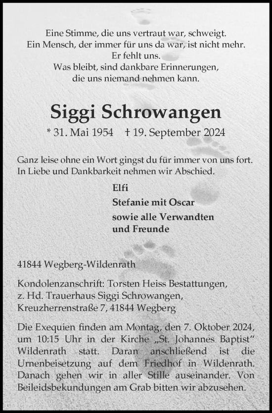 Traueranzeige von Siggi Schrowangen von Zeitung am Sonntag