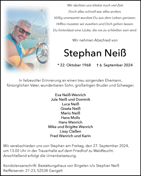 Traueranzeige von Stephan Neiß von Zeitung am Sonntag