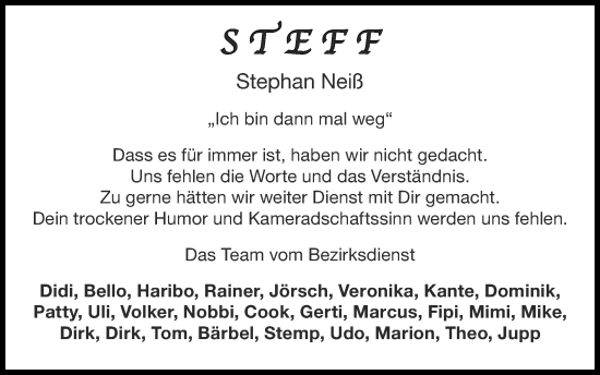 Traueranzeige von Stephan Neiß von Zeitung am Sonntag