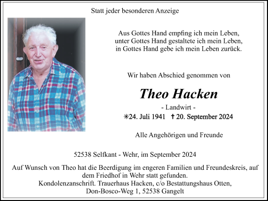 Traueranzeige von Theo Hacken von Zeitung am Sonntag