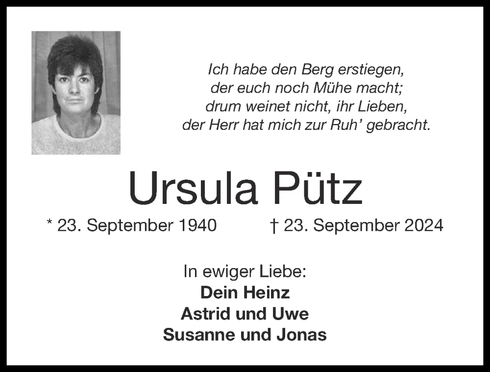  Traueranzeige für Ursula Pütz vom 29.09.2024 aus Zeitung am Sonntag