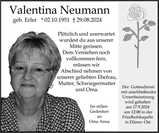Traueranzeige von Valentina Neumann von Zeitung am Sonntag