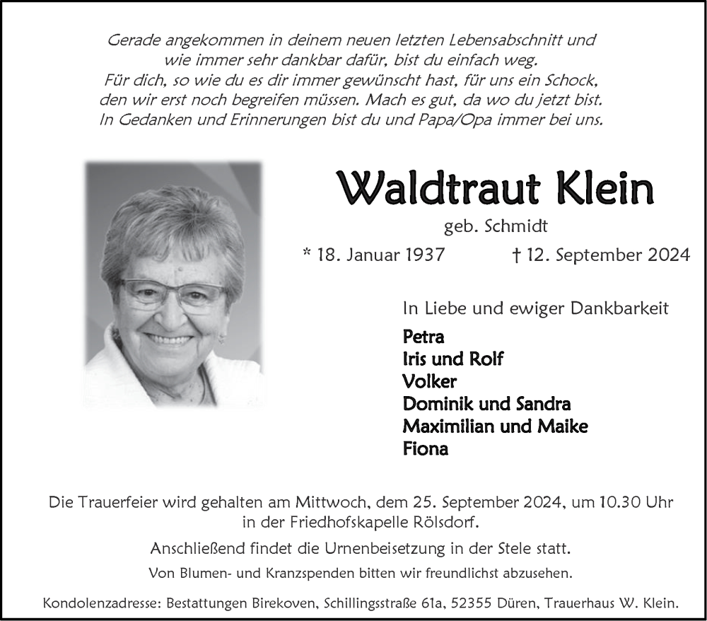  Traueranzeige für Waldtraut Klein vom 22.09.2024 aus Zeitung am Sonntag