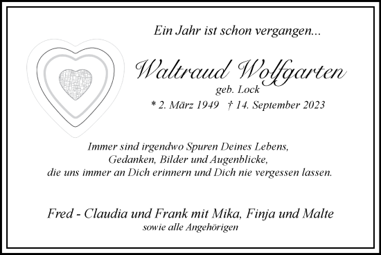 Traueranzeige von Waltraud Wolfgarten von Zeitung am Sonntag