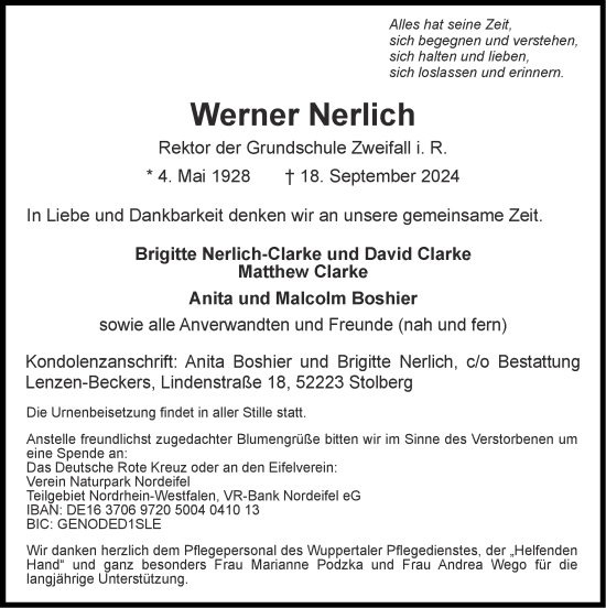 Traueranzeige von Werner Nerlich von Zeitung am Sonntag
