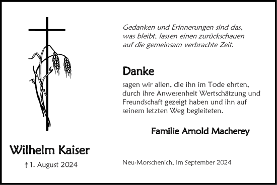 Traueranzeige von Wilhelm Kaiser von Zeitung am Sonntag