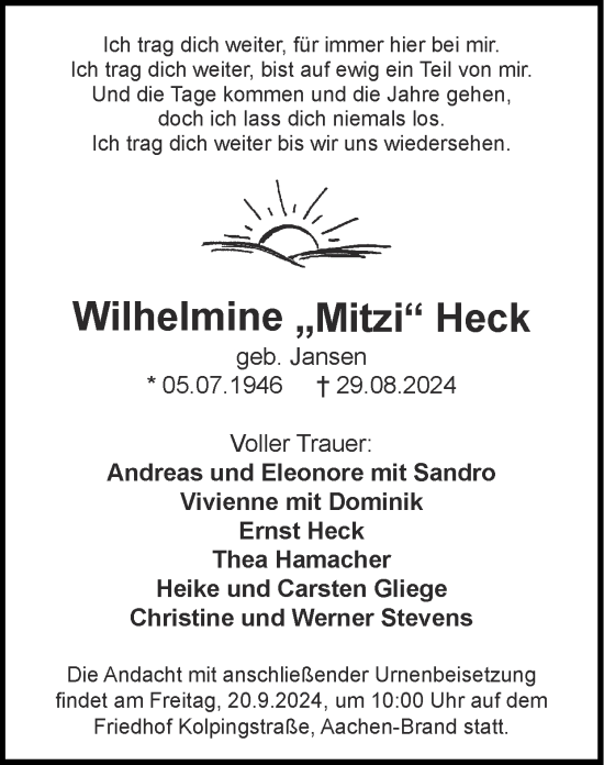 Traueranzeige von Wilhelmine Heck von Zeitung am Sonntag
