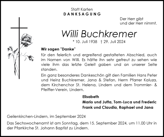 Traueranzeige von Willi Buchkremer von Zeitung am Sonntag