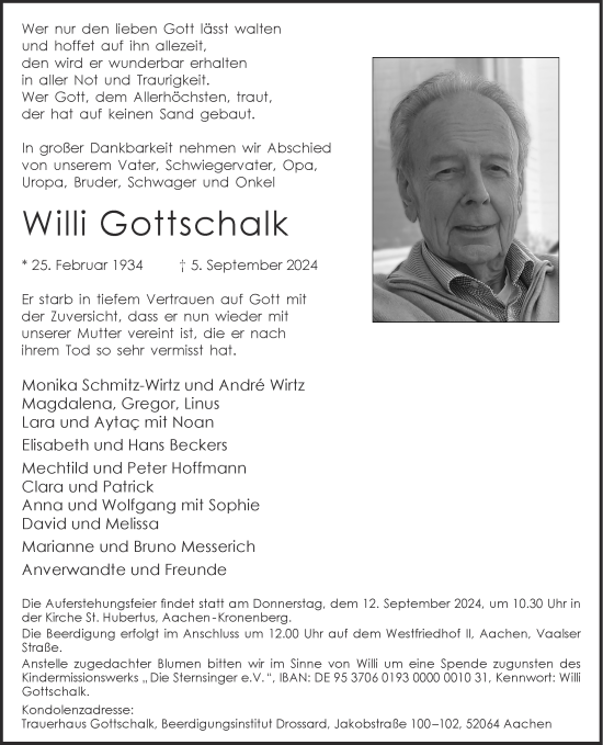 Traueranzeige von Willi Gottschalk von Aachener Zeitung