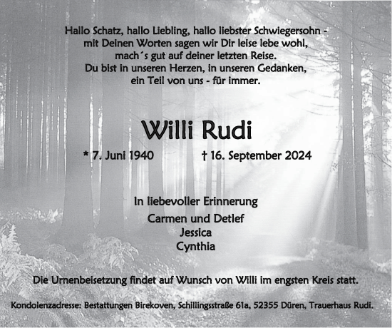 Traueranzeige von Willi Rudi von Zeitung am Sonntag