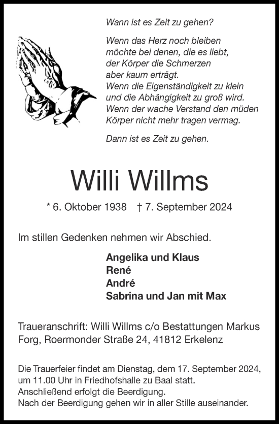 Traueranzeige von Willi Willms von Zeitung am Sonntag