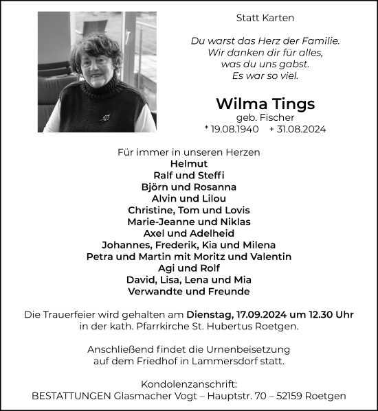Traueranzeige von Wilma Tings von Aachener Zeitung